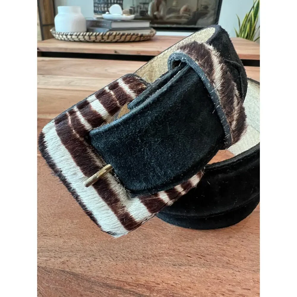 90's vintage L belt calf hair suede black animal print zebra women's wide